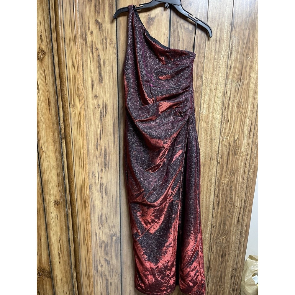 Shein One Shoulder Metallic Knit Cocktail Dress Prom Slit‎ Burgundy Shimmery M